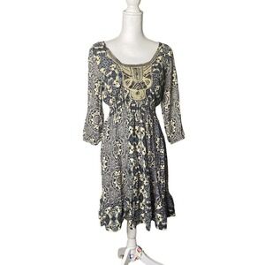 Style & Co Midi Dress Floral Blue Black Women Sz S 3/4 Sleeve Ruffle Square Neck